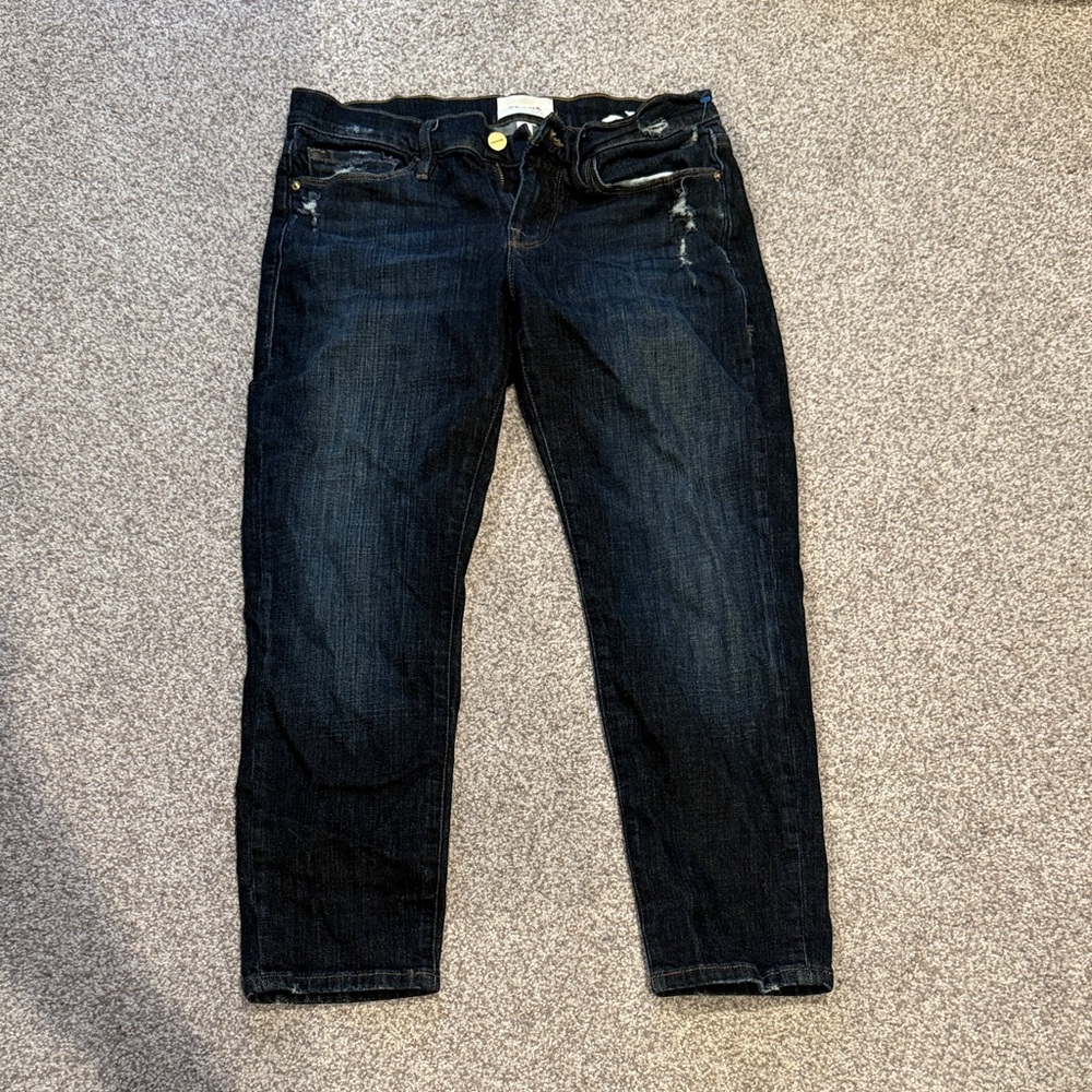 Frame Denim Dark Indigo Cropped Boyfriend Jeans